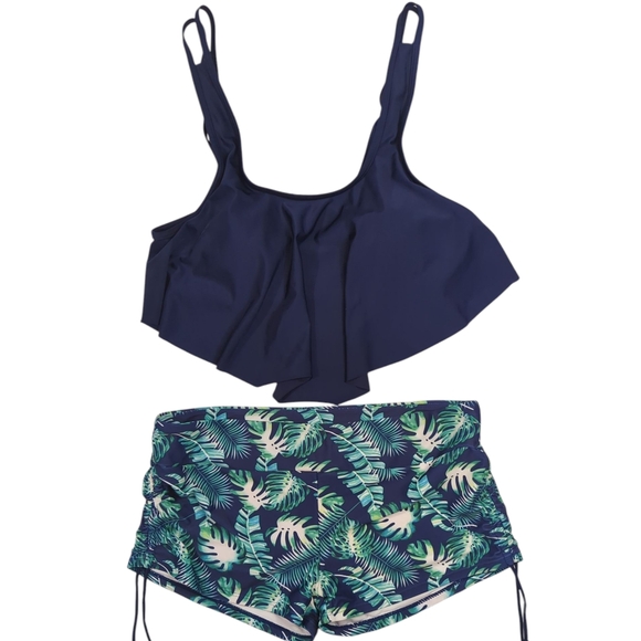 NWOT Two Piece Swim Suit-  Navy Blue Flowy Top And Tropical Leaf Print Shorts-XL - Picture 1 of 15